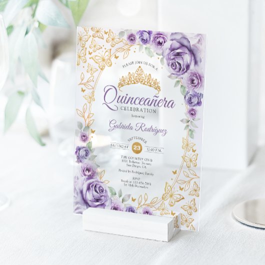 Lilac Purple Gold Floral Quinceanera Acryl Uitnodigingen