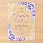 Lilac Purple Gold Floral Quinceanera Acryl Uitnodigingen (Voorkant)