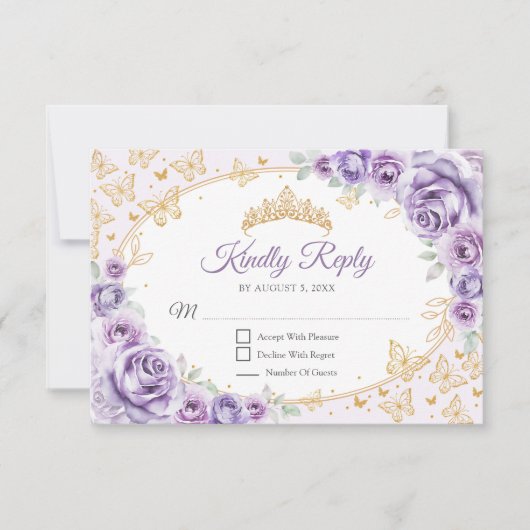 Lilac Purple Gold Quinceanera Reply RSVP Kaartje (Voorkant)