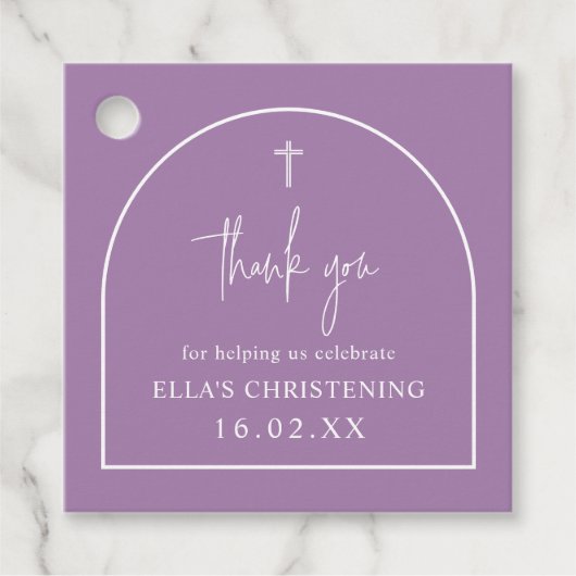 Lilac Purple Modern Arch Minimalist Christening Bedankjes Labels (Voorkant)