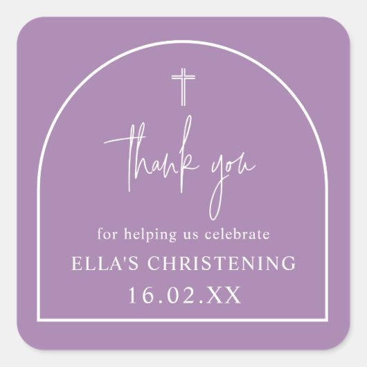 Lilac Purple Modern Arch Minimalist Christening Vierkante Sticker (Voorkant)