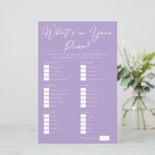 Lilac Purple Purse Items Bridal Shower Game (Staand voorkant)