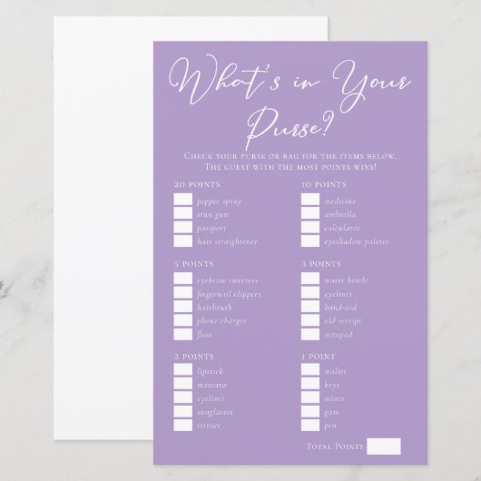Lilac Purple Purse Items Bridal Shower Game (Voorkant / Achterkant)