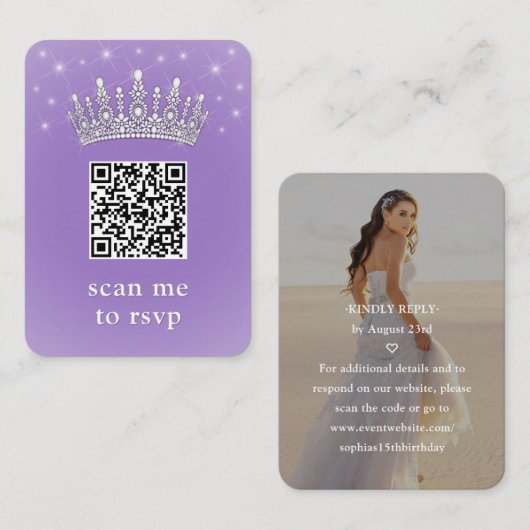 Lilac Purple QR RSVP Quinceañera Crown & Photo Informatiekaartje (Voorkant / Achterkant)