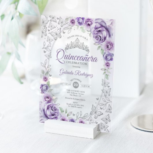 Lilac Purple Silver Floral Quinceanera Acryl Uitnodigingen