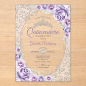Lilac Purple Silver Floral Quinceanera Acryl Uitnodigingen (Voorkant)