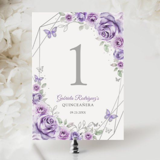 Lilac Purple Silver Floral Quinceanera Kaart