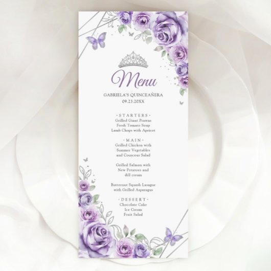 Lilac Purple Silver Floral Quinceanera Menu
