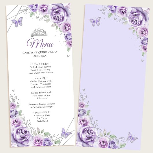 Lilac Purple Silver Floral Quinceanera Menu