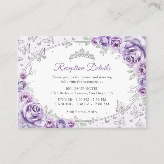 Lilac Purple Silver Quinceanera Reception Details Informatiekaartje (Voorkant)