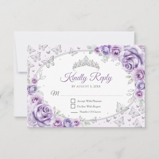 Lilac Purple Silver Quinceanera Reply RSVP Kaartje (Voorkant)