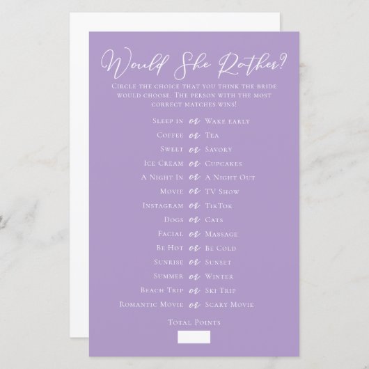Lilac Purple Would She Rather Bridal Shower Game (Voorkant / Achterkant)