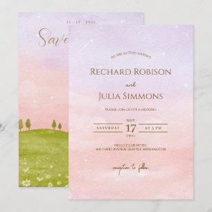 LILAC Save The Date-uitnodiging / Waterverf roze Date