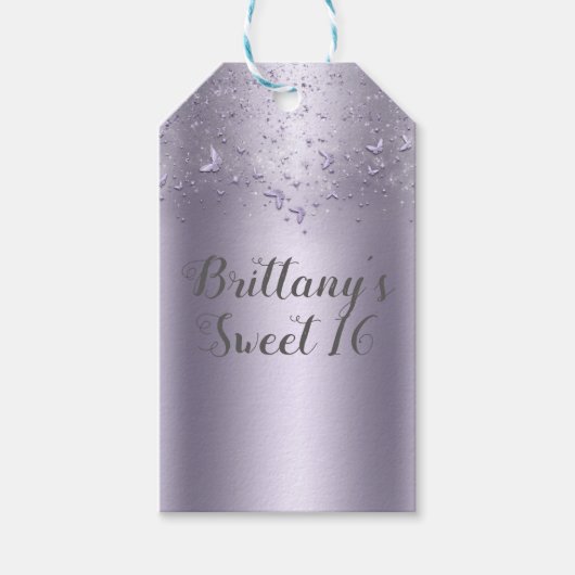 Lilac Shimmer Flutter Vlinder Sweet 16 Feest Cadeaulabel (Voorkant)