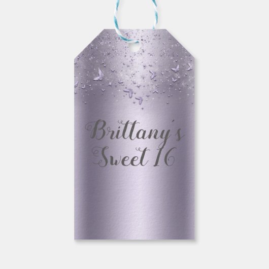 Lilac Shimmer Flutter Vlinder Sweet 16 Feest Cadeaulabel (Achterkant)