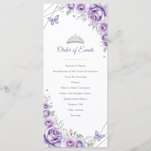 Lilac Silver Floral Quinceanera Order of Events Programmakaart (Achterkant)