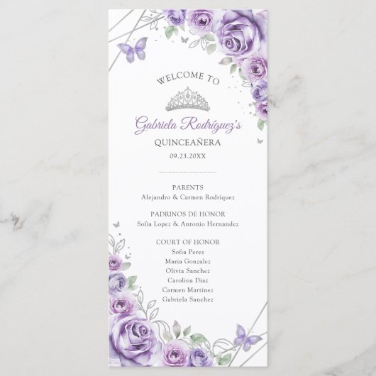 Lilac Silver Floral Quinceanera Order of Events Programmakaart (Voorkant)