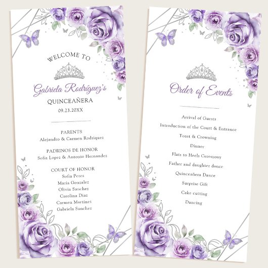 Lilac Silver Floral Quinceanera Order of Events Programmakaart