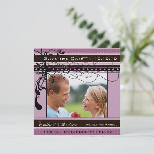 Lilac Stippen en Krullen Trouwfoto Save the Date (Staand voorkant)