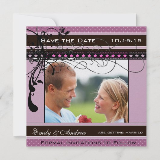 Lilac Stippen en Krullen Trouwfoto Save the Date (Voorkant)