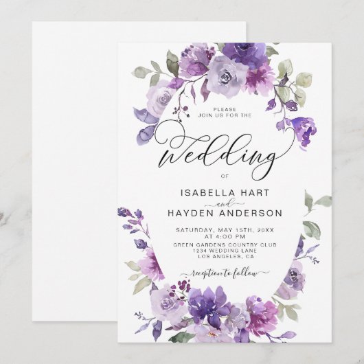 Lilac Stof Paars Mauve Bloemige Elegante Trouw Kaart (Voorkant / Achterkant)