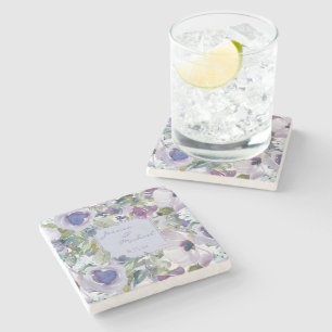 Lilac Stofblauw Bloemige Namen Bruiloft Twee Stenen Onderzetter