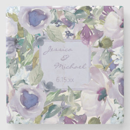 Lilac Stofblauw Bloemige Namen Bruiloft Twee Stenen Onderzetter