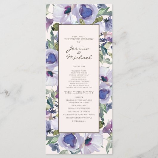 Lilac Stofblauw Boho Bloemen Huwelijksprogramma Programmakaart (Voorkant)
