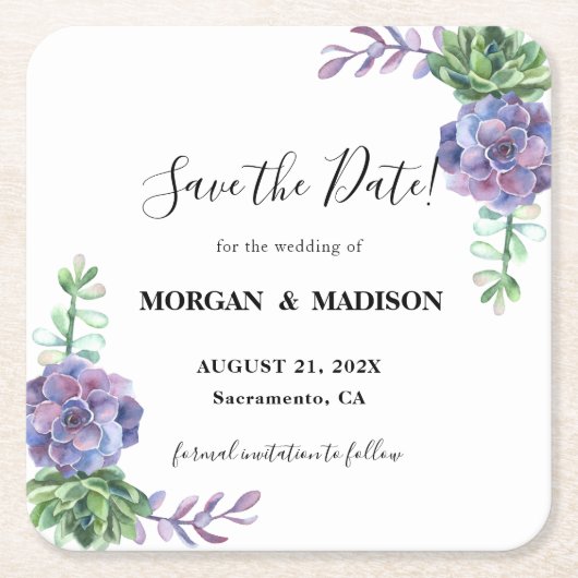 Lilac succulenten Huwelijk Save the Date Kartonnen Onderzetters (Voorkant)