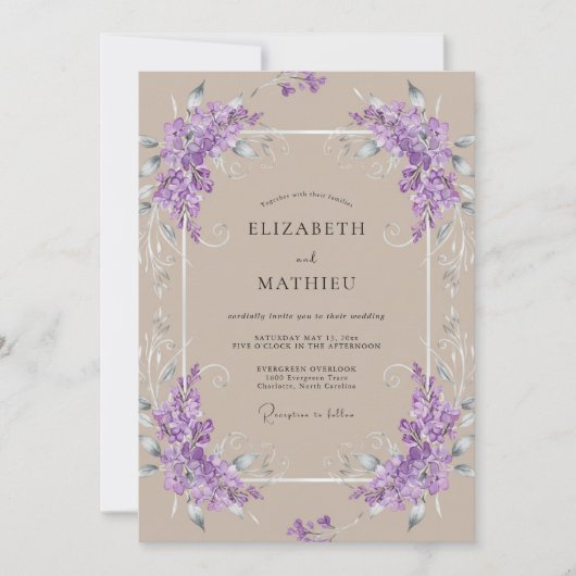 Lilac Taupe Wingerd Bruiloft Kaart (Voorkant)