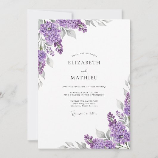 Lilac Verfijnd Botanisch Bruiloft Kaart (Voorkant)