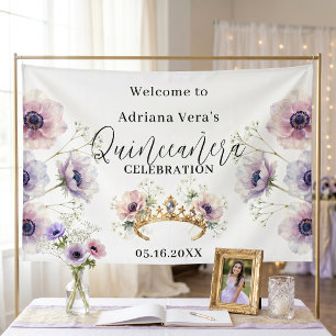 Lilac Watercolor Anemone Gouden Tiara Quinceanera Spandoek