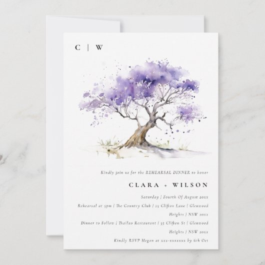 Lilac Watercolor Jacaranda Boom Reheersalmiddag Kaart (Voorkant)
