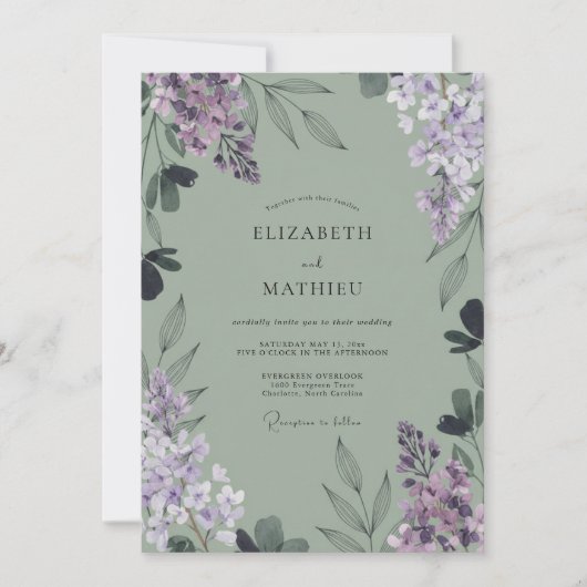 Lilac Waterverf Blad Bruiloft Kaart (Voorkant)