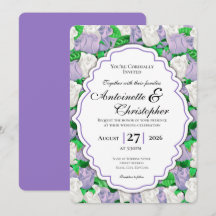 Lilac & Witte Roos Huwelijksuitnodiging - Paarse R