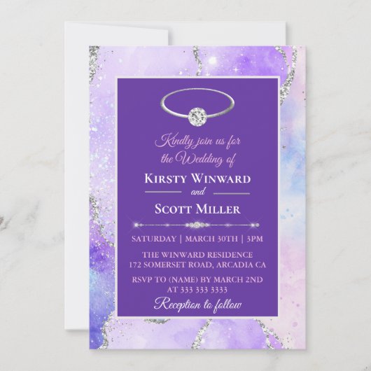 Lilac Zilveren Glitter Agate Bruiloft Kaart (Voorkant)