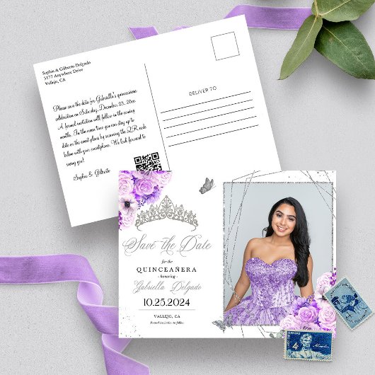 Lilac & Zilveren Tiara Quinceañera Fotokaart Briefkaart