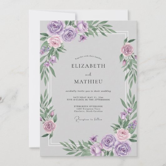 Lilac Zilveren Waterverf Bruiloft Kaart (Voorkant)