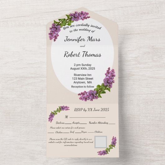 Lilacs and Cream All in One Wedding Invite All In One Uitnodiging (Binnen)
