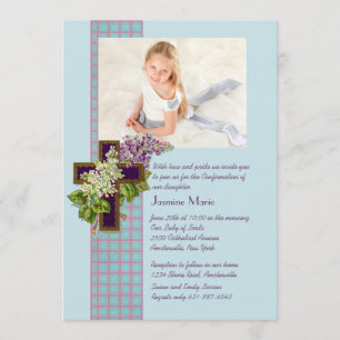 Lilacs and Crucifix Religious Photo Invitation Kaart