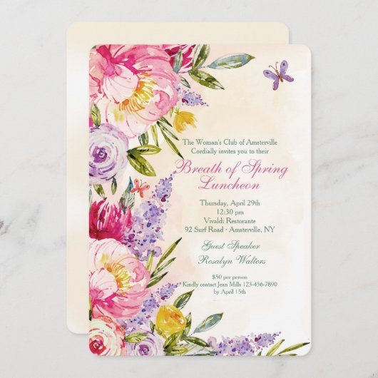 Lilacs and Peonies Luncheon Invitation Kaart (Voorkant / Achterkant)