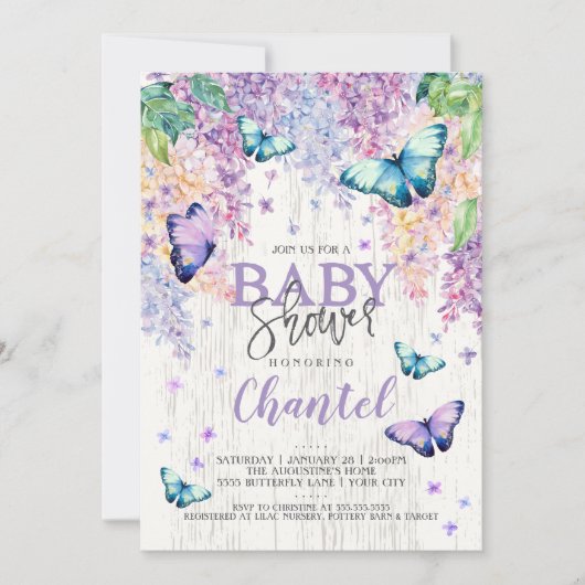 Lilacs en Butterfly | uitnodiging tot baby shower (Voorkant)
