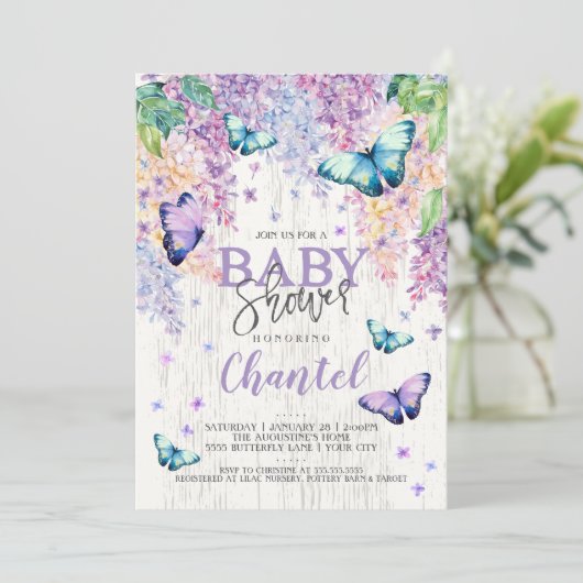 Lilacs en Butterfly | uitnodiging tot baby shower (Staand voorkant)