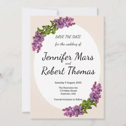 Lilacs en crème bruiloft save the date (Voorkant)