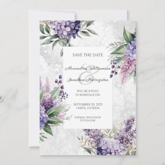 Lilacs en Heather op gemarmerd wit Save the Date (Voorkant)
