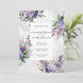 Lilacs en Heather op gemarmerd wit Save the Date (Staand voorkant)