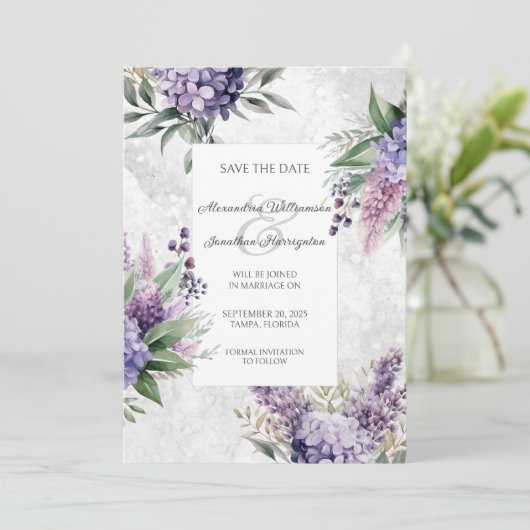 Lilacs en Heather op gemarmerd wit Save the Date (Staand voorkant)