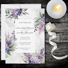 Lilacs en Heather op gemarmerd wit Save the Date
