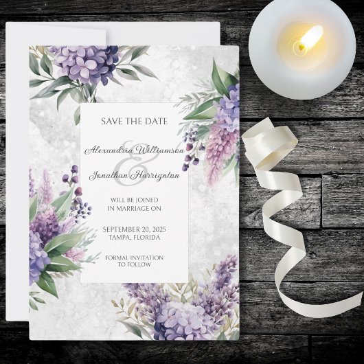 Lilacs en Heather op gemarmerd wit Save the Date