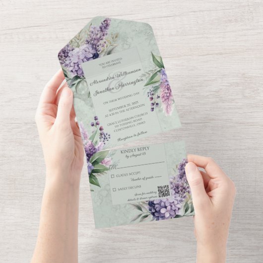 Lilacs en Heather op gemarmerde salie groen All In One Uitnodiging (Afscheurbaar)